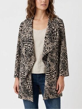 CALVIN KLEIN Leopard Print Ruffle Lapel Knit Blazer Jacket Cardigan Medium Large